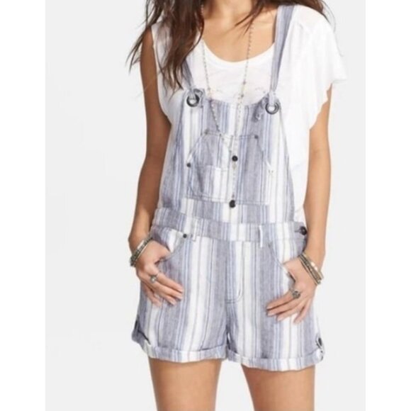 Free People Women's Striped Denim Short Overalls Size 6 BOHO BEACH preowned - Picture 2 of 16